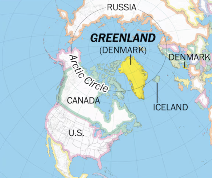 Vị trí Greenland, Mỹ và Đan Mạch. Đồ họa: Washington Post