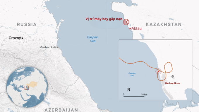 Vị trí chiếc máy bay gặp nạn ở Aktau, Kazakhstan, ngày 25/12. Đồ họa: AA