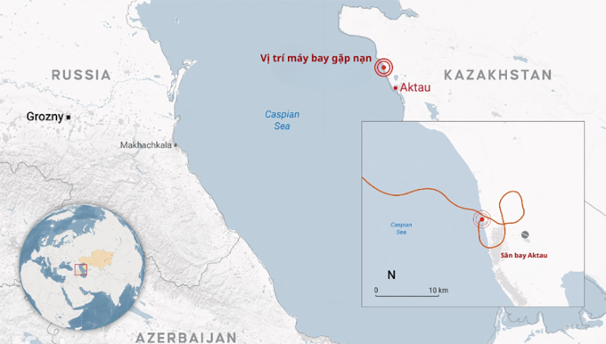 Vị trí máy bay rơi ở Aktau, Kazakhstan, ngày 25/12. Đồ họa: AA