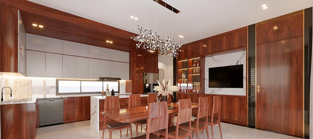 Nhiều gia đình sẽ lắp đèn trên bàn ăn nhưng xét theo phong thủy thì nếu đèn quá to có thể tạo áp lực tâm lý cho người ngồi bên dưới.