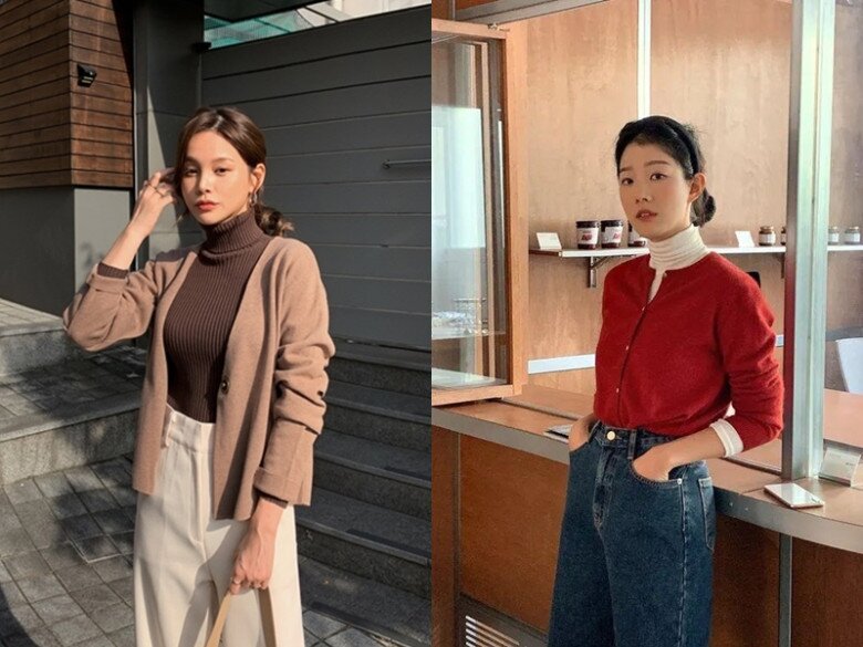 Áo len cổ lọ kết hợp cardigan là bộ đôi nhẹ nhàng nhưng sang xịn, chuẩn tinh thần quiet luxury cho ngày gió lạnh.