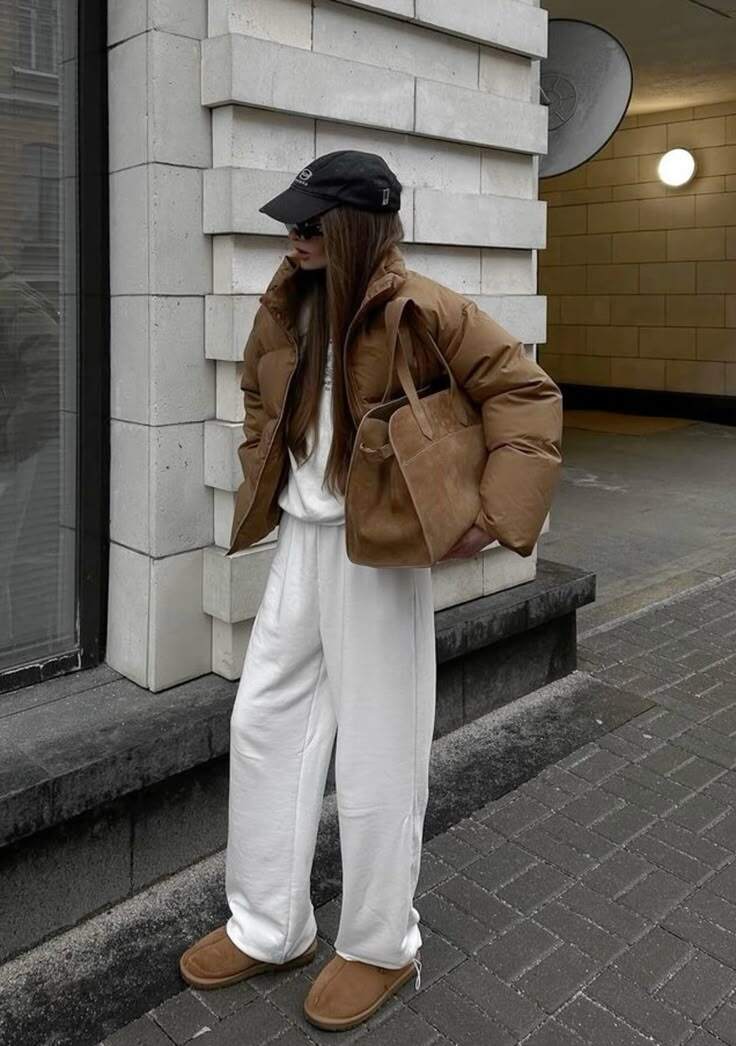 Áo phao ngắn màu nâu caramel ấm áp và thời thượng phối cùng quần ống rộng trắng ngà và áo sweatshirt đồng điệu. Chỉ cần thêm giày và túi xách màu nâu, set đồ đã trở nên tinh tế và hoàn chỉnh.