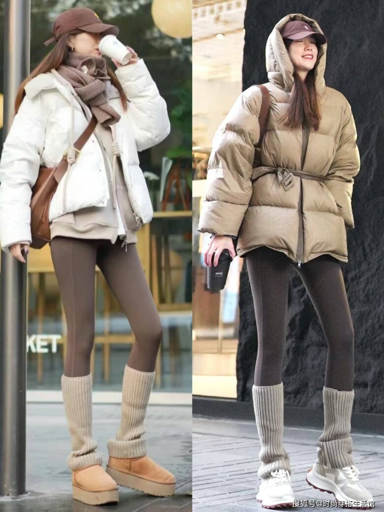 Chiếc áo phao dáng ngắn với độ dài qua eo một chút vừa tôn eo cao lại có thể che phủ một phần quần legging, tránh tạo ra tình huống nhạy cảm. Kết hợp cùng quần legging tối màu giúp đôi chân trông dài và thẳng hơn.