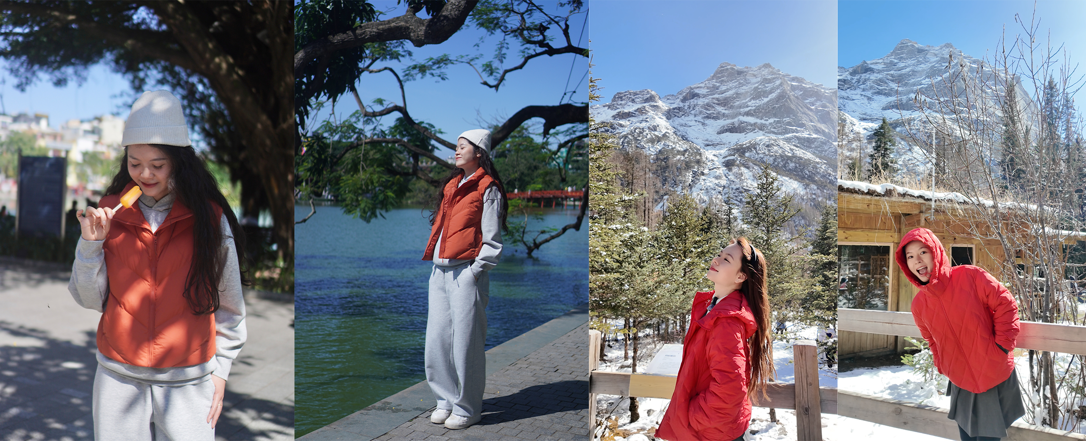 Năm nay, bảng màu Pufftech được bổ sung thêm những gam màu mới toanh như vàng, đỏ cam và xanh lam. Trong khi Lít (@lizzsme) trông tươi sáng và “hack” tuổi khi diện chiếc áo màu cam dạo phố Hồ Gươm, thì Vân Thảo (@gowithvan) lại chọn tone đỏ rực rỡ để nổi bần bật giữa khung cảnh tuyết trắng xóa tại Trung Quốc.