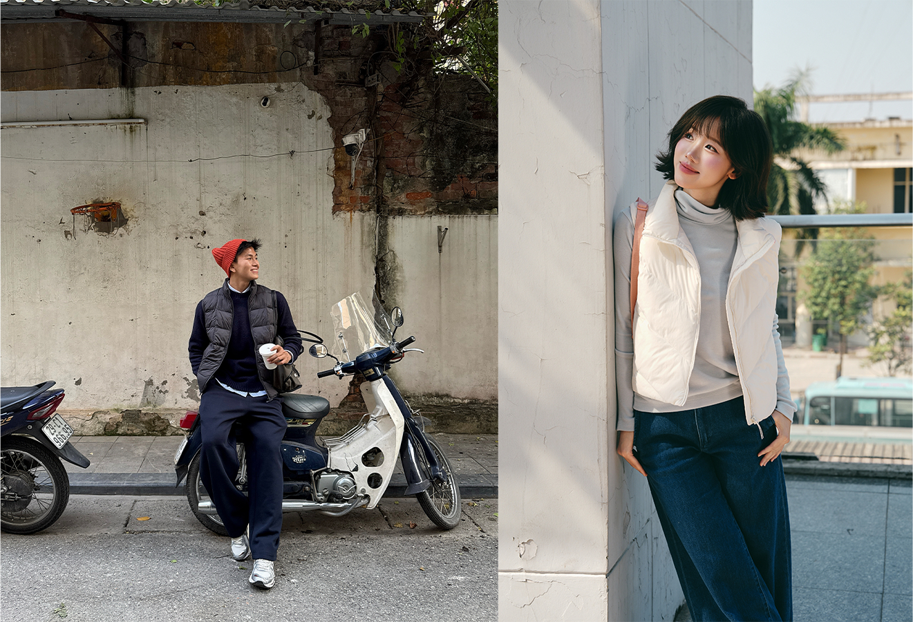 Sự đa dạng kiểu dáng của bộ sưu tập càng được minh chứng rõ nét qua cách Meichan và Vũ Sơn biến tấu cùng chiếc gile: từ phong cách năng động, ngọt ngào cho đến street style cá tính, áo đều có thể được sử dụng để tạo nên điểm nhấn thú vị cho tổng thể trang phục.