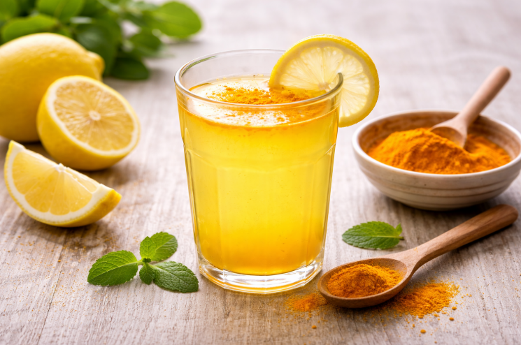 Nước chanh pha nghệ là thức uống buổi sáng hỗ trợ thải độc gan, thận. Ảnh AI.