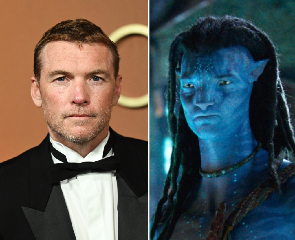 Sam Worthington (trái) và tạo hình của anh trong phim Avatar. Ảnh: Everett Collection