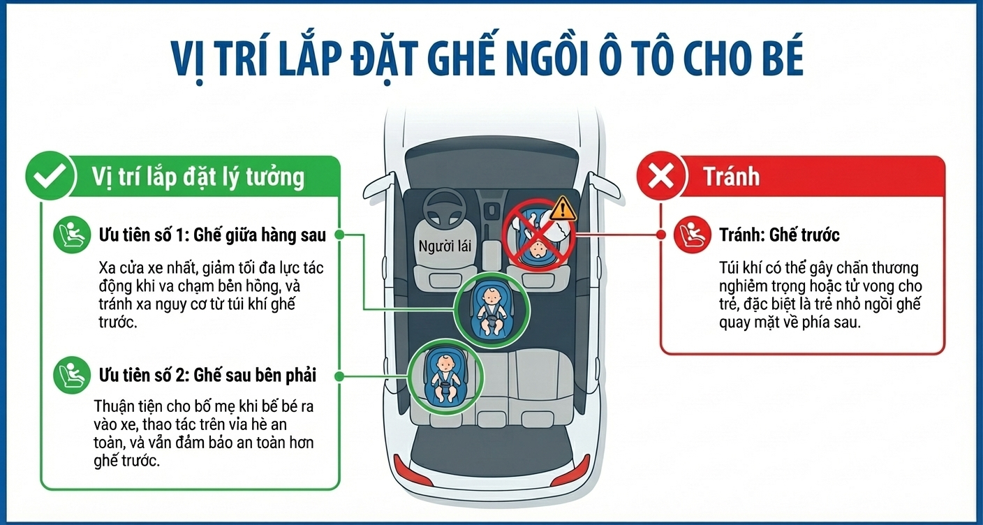 Các vị trí lắp ghế trẻ em trên ô tô an toàn nhất