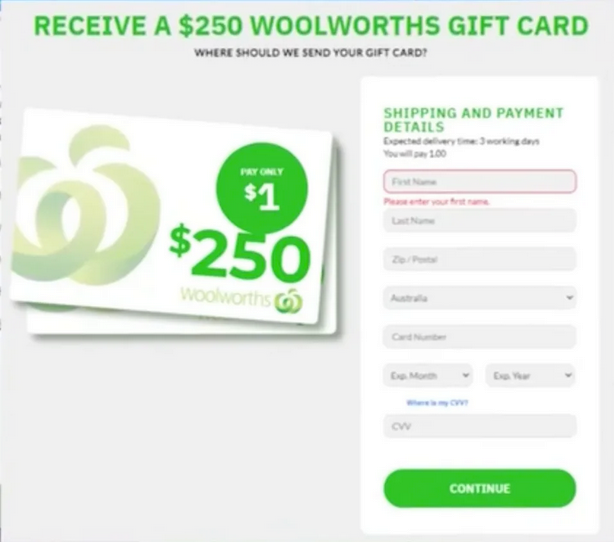 An example of a scam email claiming to be from Woolworths. 