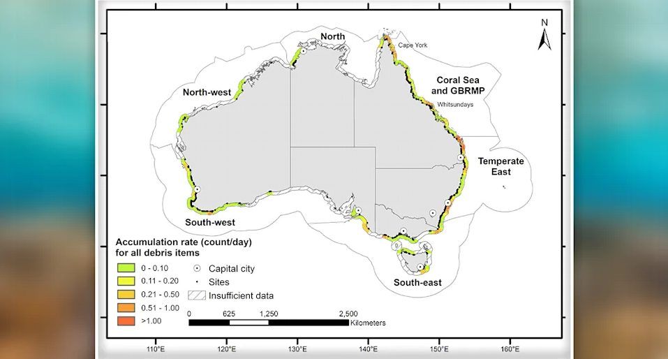 A map reveals the debris averaged per clean-up site around Australia's coastline. Source: UNSW