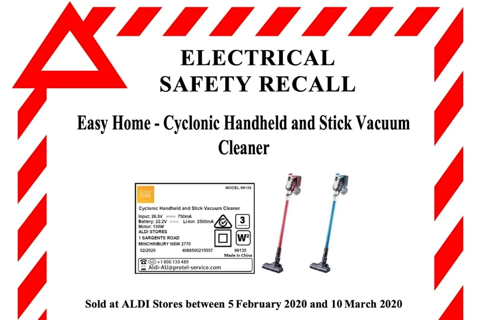 Aldi electrical safety recall notice for vacuum cleaner