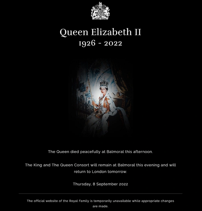 Thông báo về sự ra đi của Nữ hoàng Elizabeth II được đăng tải trên website của Điện Buckingham. Ảnh: Điện Buckingham.