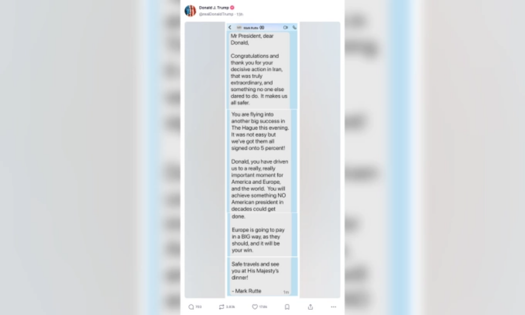 Tin nhắn của Tổng thư ký NATO Mark Rutte được Tổng thống Mỹ Donald Trump đăng trên mạng xã hội Truth ngày 24/6. Ảnh chụp màn hình