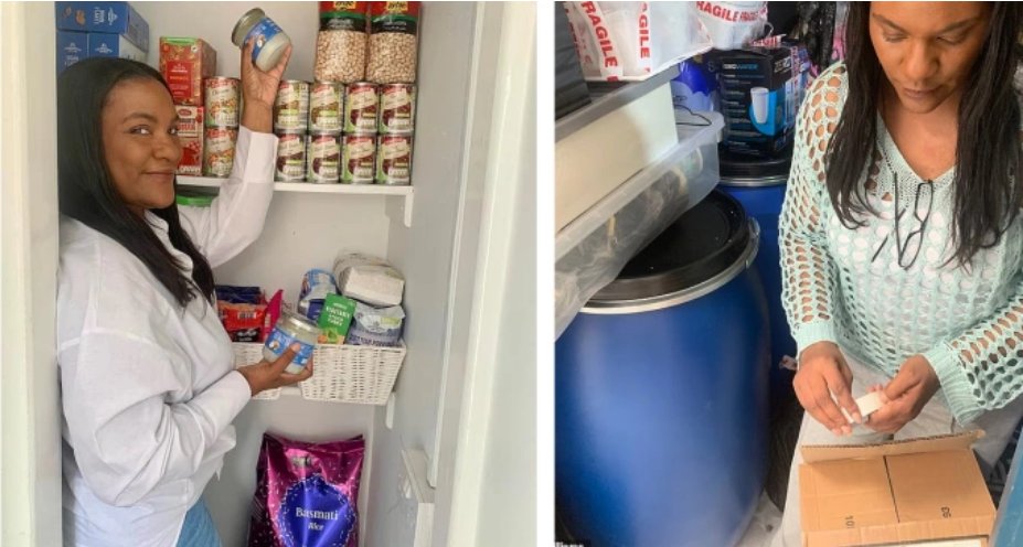 Melanie Williams bên một chiếc tủ chứa lương thực tích trữ dần của cô. Ảnh: Dailymail