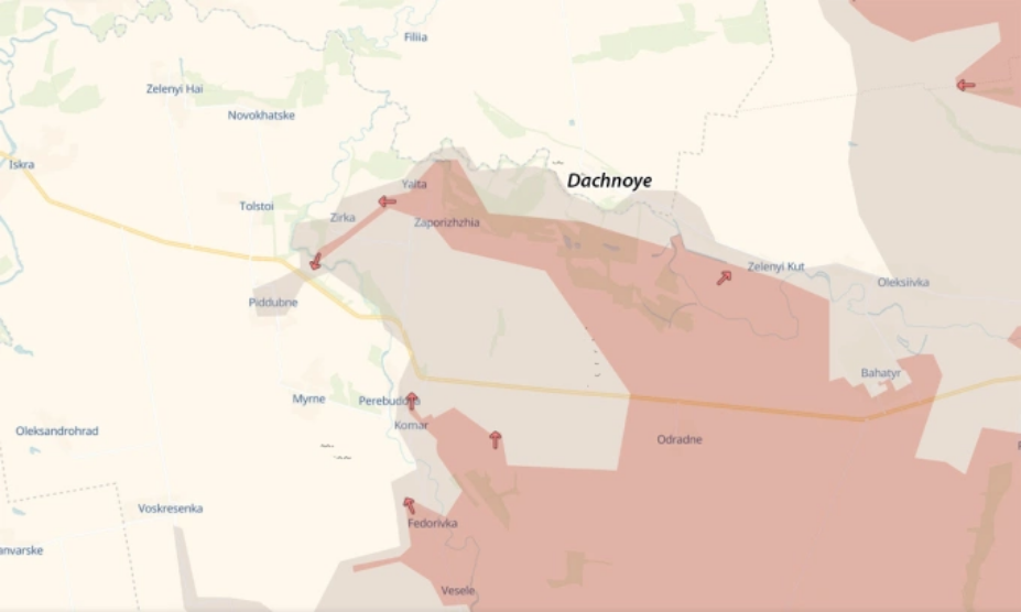 Làng Dachnoye, tỉnh Dnipropetrovsk và các mũi tiến công của Nga trong khu vực trong bản đồ công bố ngày 29/6. Đồ họa: Deep State