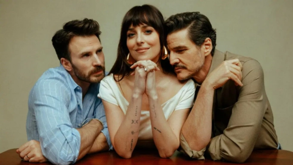 Dàn diễn viên Materialists, từ trái qua: Chris Evans, Dakota Johnson và Pedro Pascal. Ảnh: Sony Pictures