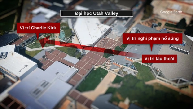 Sơ đồ khuôn viên Đại học Utah Valley nơi Charlie Kirk bị ám sát khi đang diễn thuyết. Đồ họa: GGE