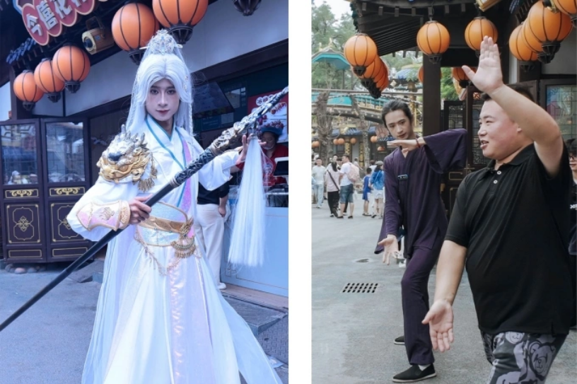 Huagu trong một video đăng trên tài khoản cá nhân ở Douyin (trái) và trong trang phục đạo sĩ hướng dẫn du khách tập Thái cực quyền tại công viên Vạn Tuế Sơn hồi tháng 8 (phải). Ảnh: Sixthtone