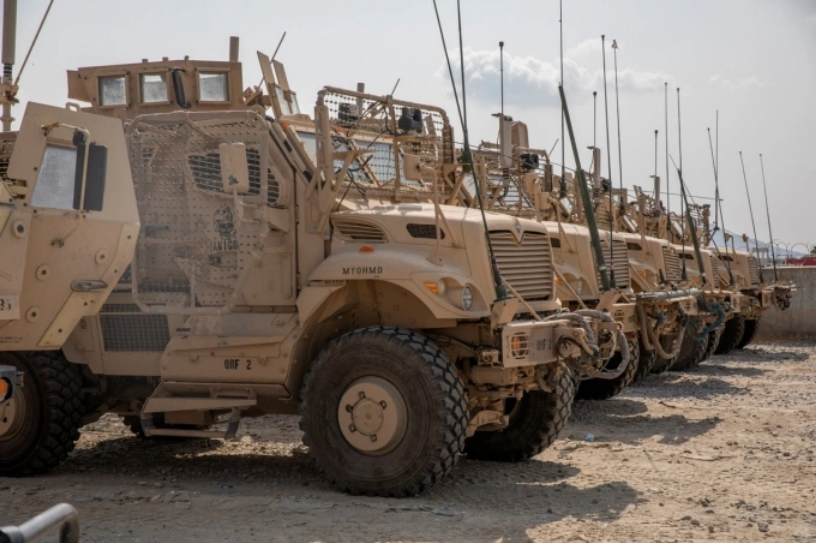 Đội xe thiết giáp MRAP của Mỹ tại căn cứ Bagram vào tháng 8/2020. Ảnh: Reuters