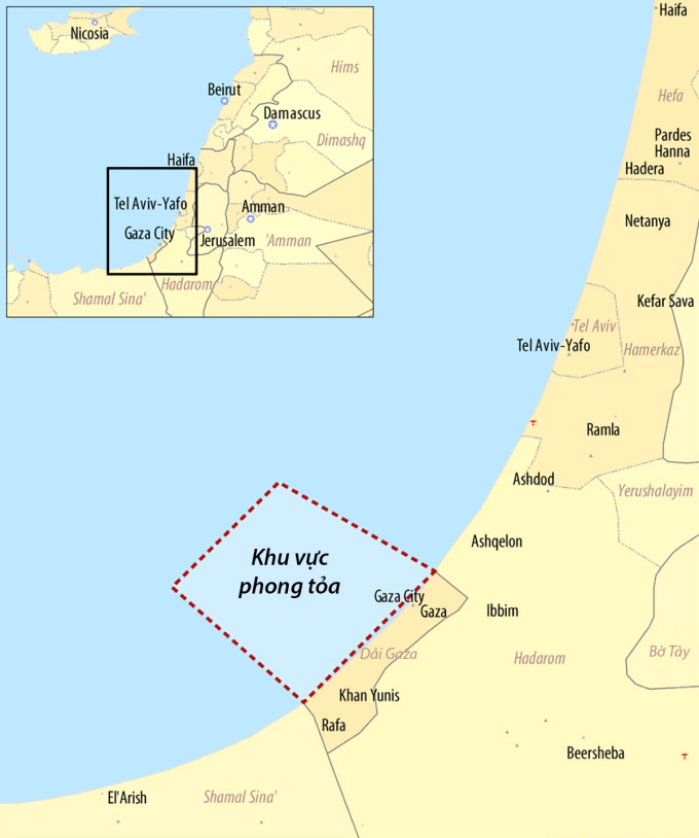 Vùng biển Israel phong tỏa ngoài khơi Dải Gaza. Đồ họa: Wikimedia