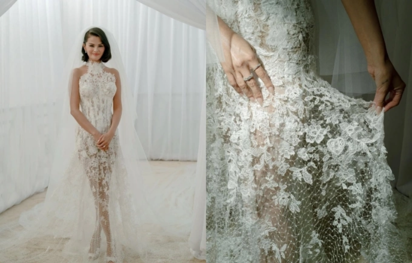 Ở buổi lễ chính, cô chọn đầm ren mỏng xuyên thấu. Ảnh: Instagram Selena Gomez