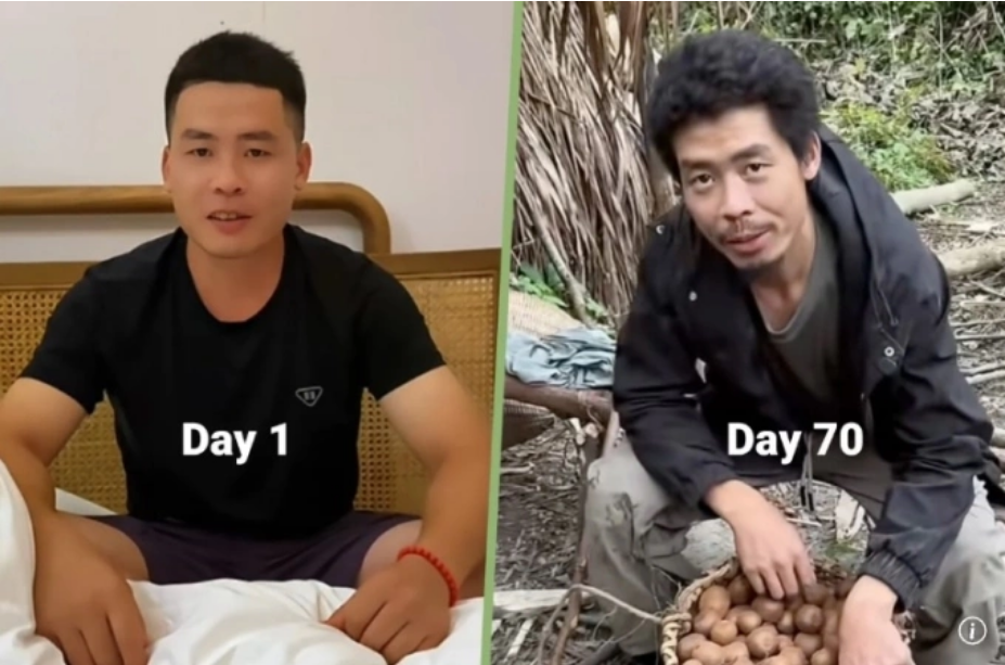 Yang ngày đầu (trái) và ngày thứ 70 tham gia thử thách sinh tồn. Ảnh: SCMP