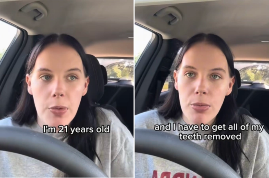 Hannah Kero chia sẻ về tình trạng phải nhổ toàn bộ răng ở tuổi 21 do thói quen sinh hoạt không khoa học, trong video hôm 28/9. Ảnh: @50nicpod/TikTok