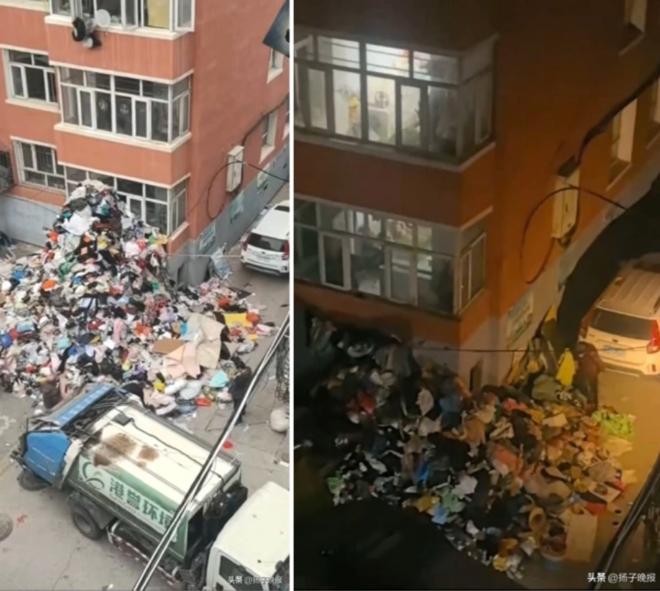 Đống phế liệu chất cao gần hết tầng một, được 12 xe tải dọn rác vận chuyển tại thành phố Trương Gia Khẩu, Trung Quốc, ngày 5-6/10. Ảnh: News.qq