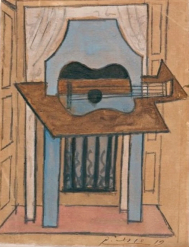 Bức vẽ Still Life with Guitar được hoàn thành bằng bột màu và bút chì. Ảnh: ABC News