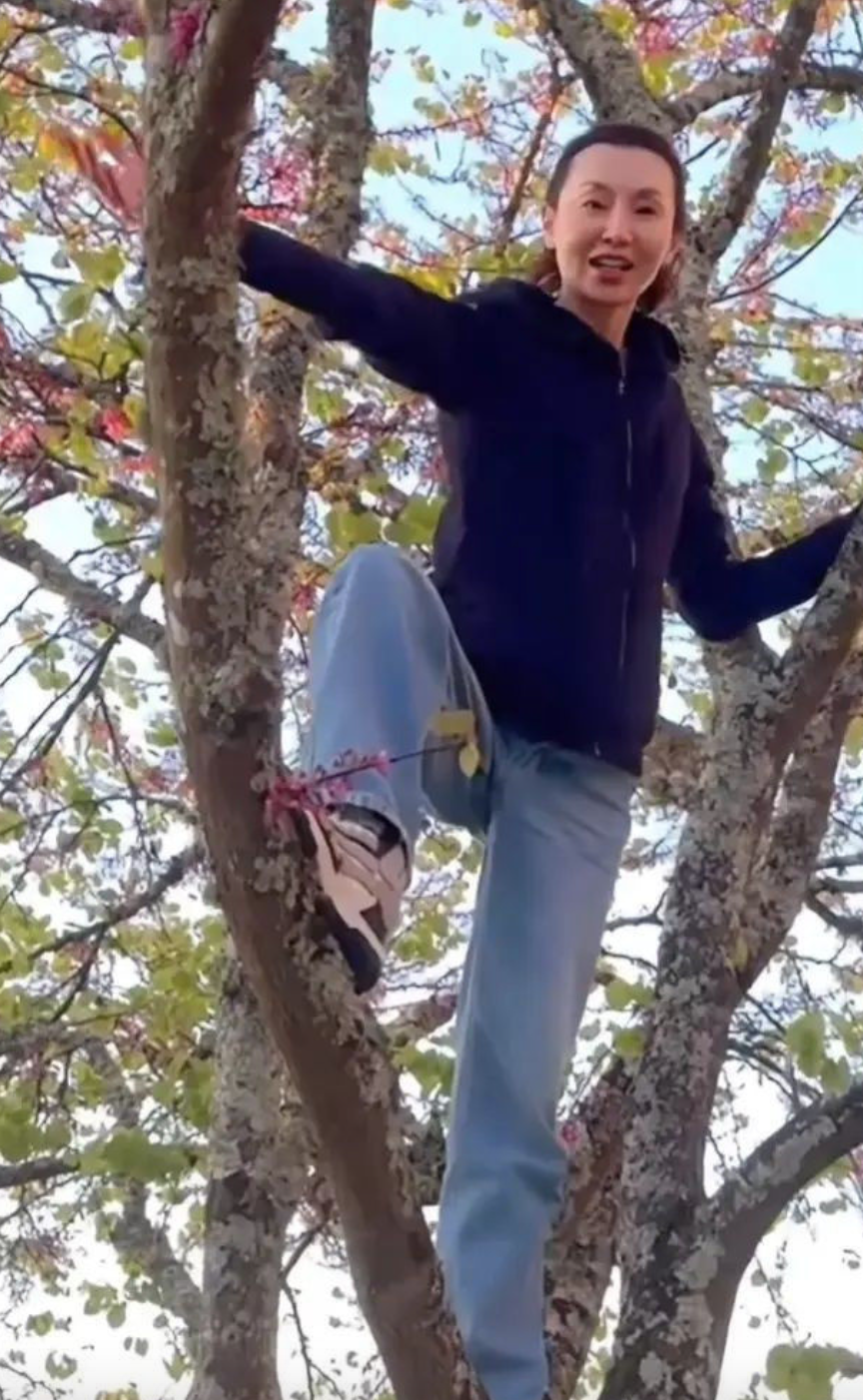 Mạn Ngọc hạnh phúc khi trèo cây như thuở bé. Ảnh: Red Note