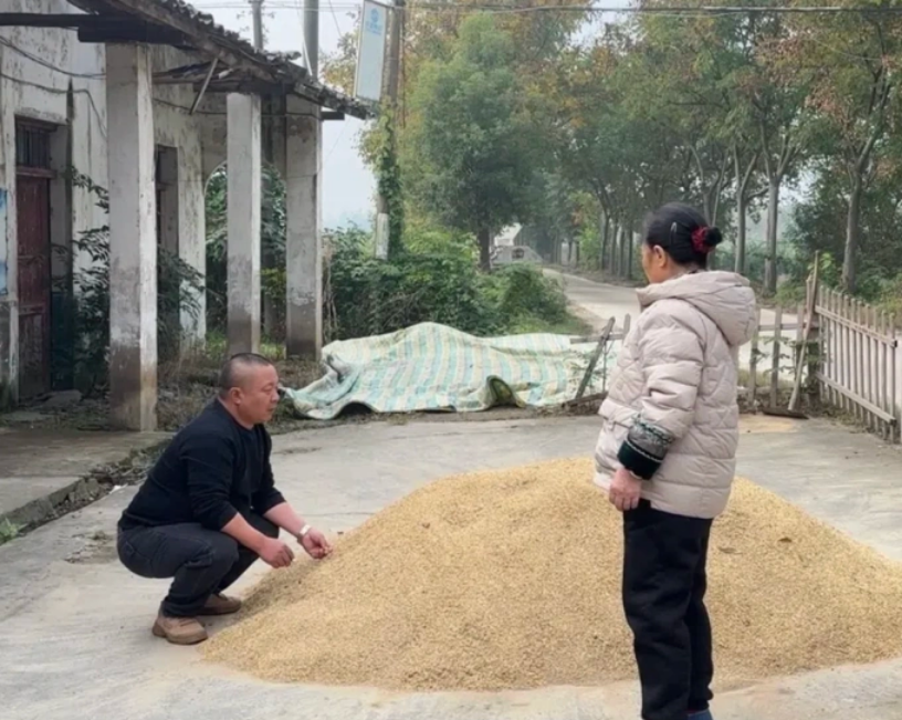 Xiong Xiaohong và mẹ anh đang phơi lúa trước nhà ở tỉnh Hồ Bắc, Trung Quốc. Ảnh: Think China