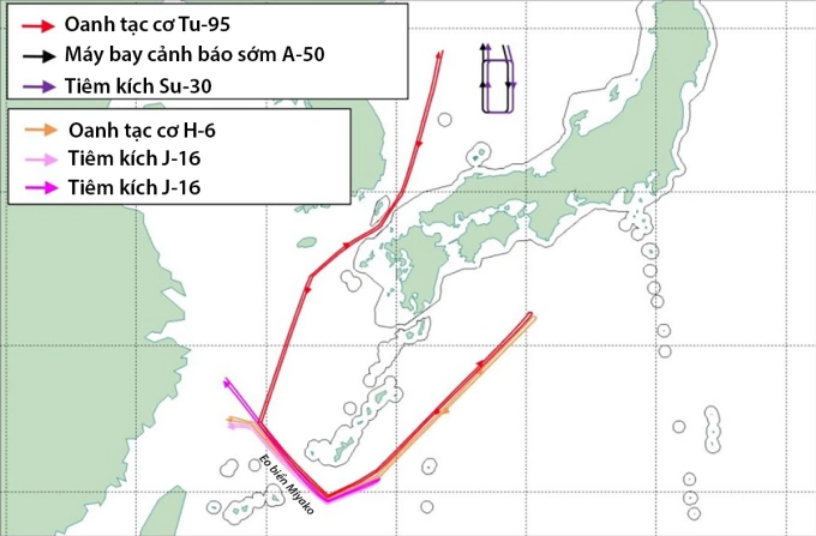 Đường bay của biên đội máy bay Nga - Trung Quốc ngày 9/12. Đồ họa: BQP Nhật Bản