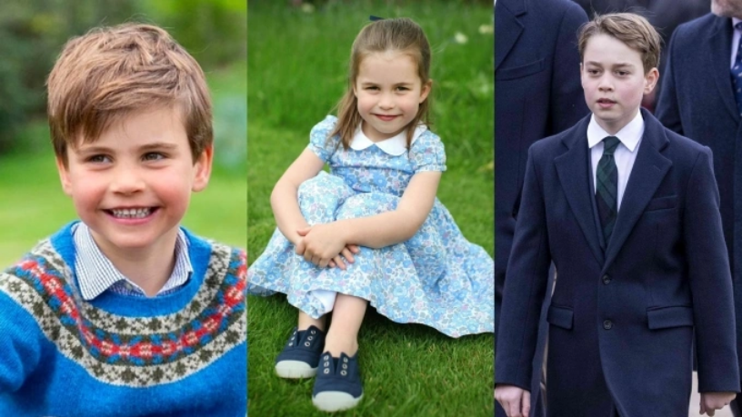 Hoàng tử Louis, Công chúa Charlotte và Hoàng tử George (từ trái qua phải) mặc màu truyền thống của hoàng gia Anh. Ảnh: Royal Family