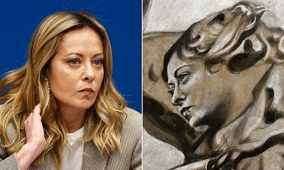 Thủ tướng Italy Giorgia Meloni và gương mặt thiên thần trong tranh bức họa tại một nhà nguyện ở Rome. Ảnh: AFP