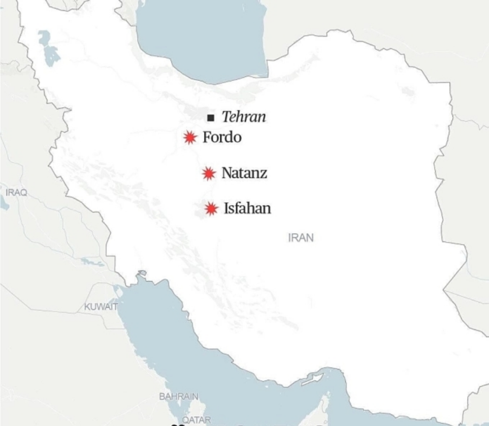 Vị trí các cơ sở hạt nhân Fordow, Natanz và Esfahan của Iran. Đồ họa: NBC