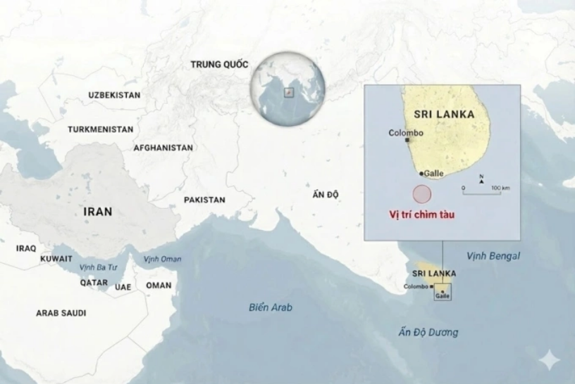 Vị trí tàu chiến Iran chìm ngoài khơi Sri Lanka. Đồ họa: Anadolu