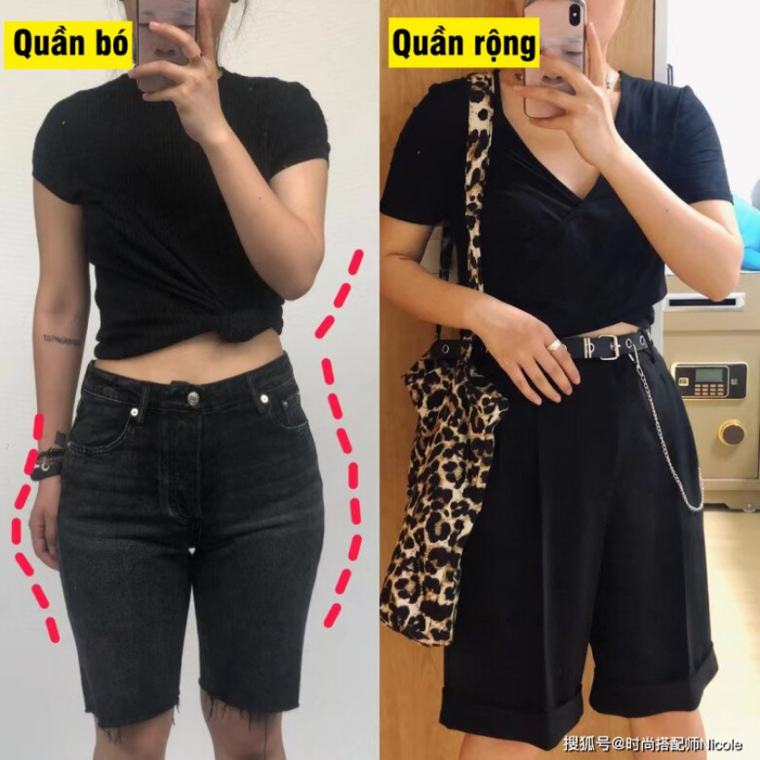 Quần bó sẽ phô bày phần hông to rộng trong khi quần ống rộng sẽ khéo léo che đi khuyết điểm này.