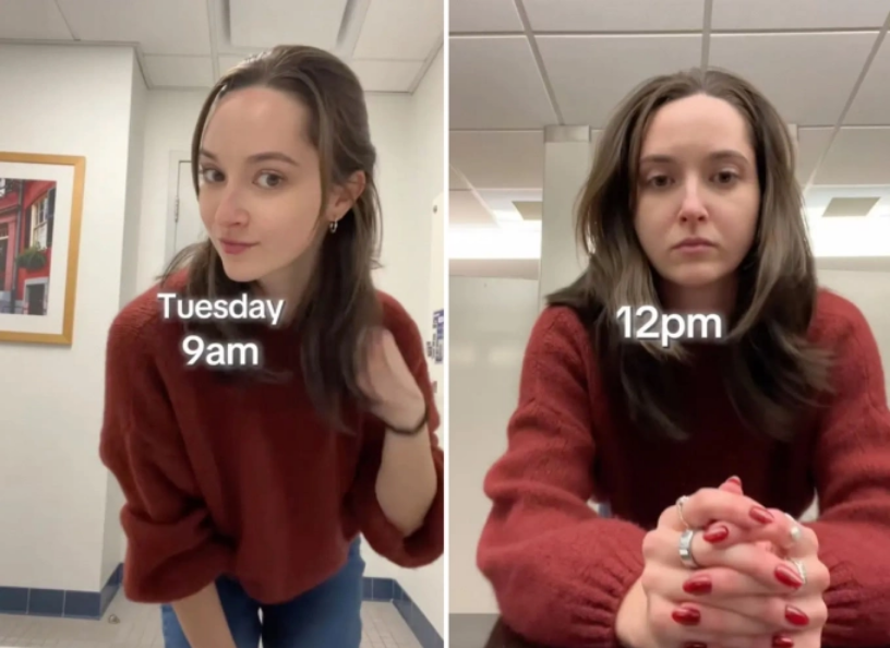 Ảnh chụp Noa Donlan lúc 9h sáng khi vừa đến công ty (trái) và lúc 12h trưa (phải) - sau ba tiếng làm việc. Ảnh: TikTok/@noadonlan