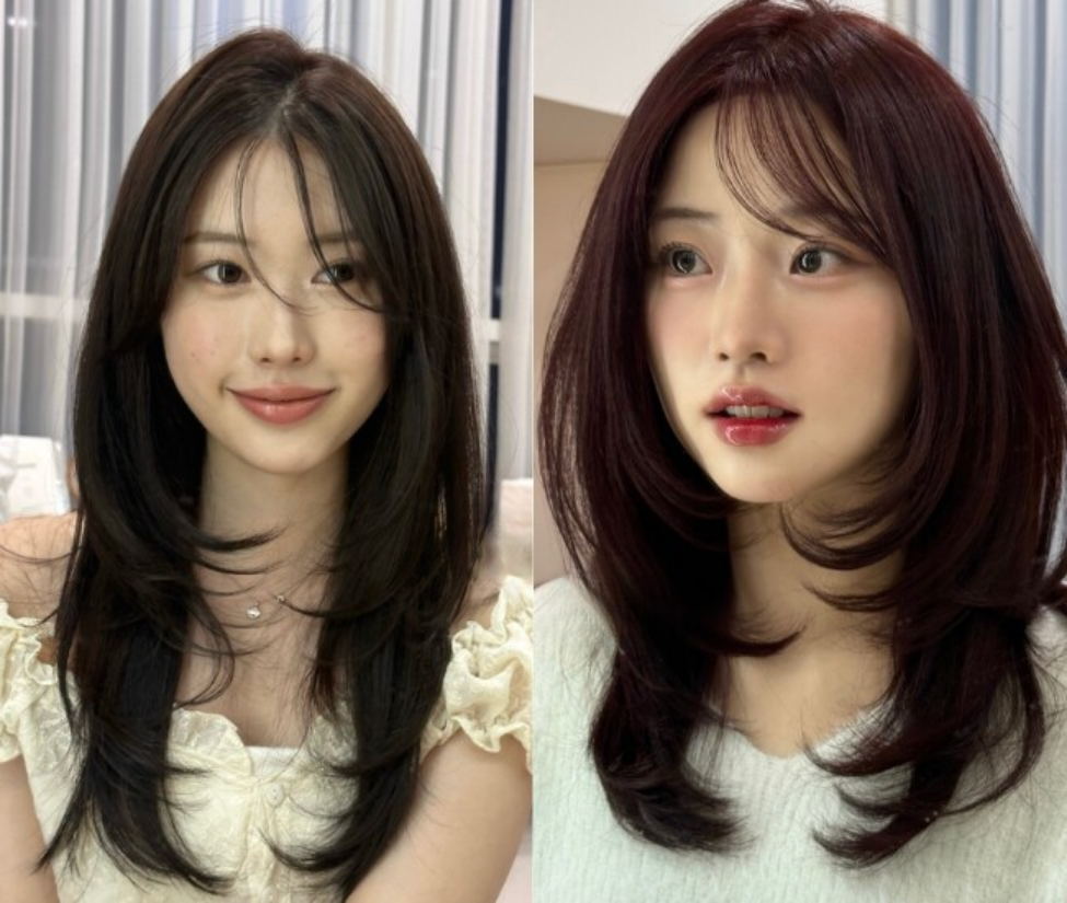 Tóc layer đuôi cụp giúp ôm gọn gương mặt, tạo hiệu ứng thon gọn rõ rệt. Phần đuôi uốn nhẹ giúp mái tóc vào nếp, trông gọn gàng hơn. Kiểu tóc này phù hợp với tóc mỏng, giúp tổng thể bồng bềnh và dễ chăm sóc mỗi ngày.