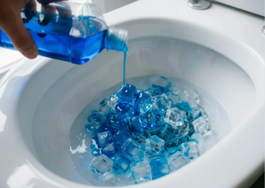 Đổ đá viên vào bồn cầu giúp làm sạch hiệu quả hơn. Ảnh: Clever Life Hacks