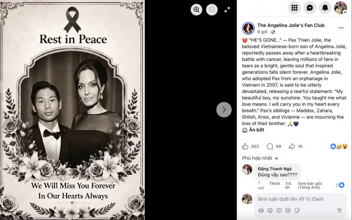 Trang Facebook về Angelina Jolie đăng tin buồn Pax Thiên qua đời.