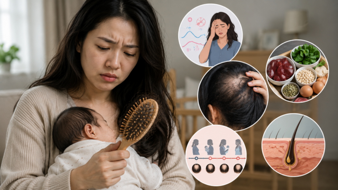 Rụng tóc sau sinh thường xuất hiện mạnh nhất trong 3–6 tháng đầu do thay đổi hormone và thiếu vi chất.