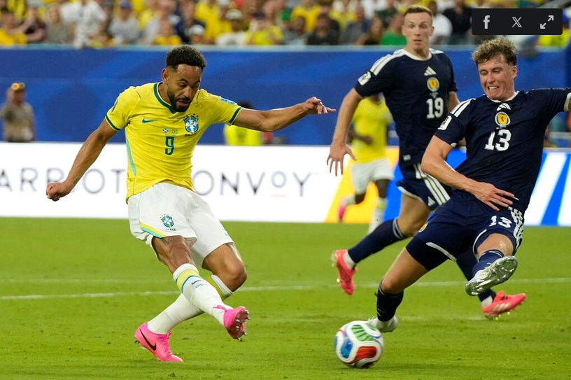 Matheus Cunha sút ghi bàn thứ ba cho Brazil trong trận thắng Scotland 3-0 ở bảng C World Cup 2026 trên sân Hard Rock, Miami Gardens, bang Florida ngày 24/6. Ảnh: AP