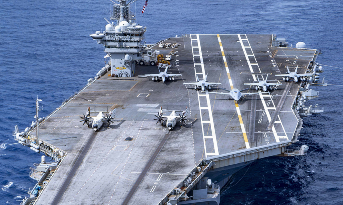 Nguyên mẫu MQ-25 trên tàu sân bay USS Nimitz trong ảnh công bố ngày 29/6. Ảnh: US Navy